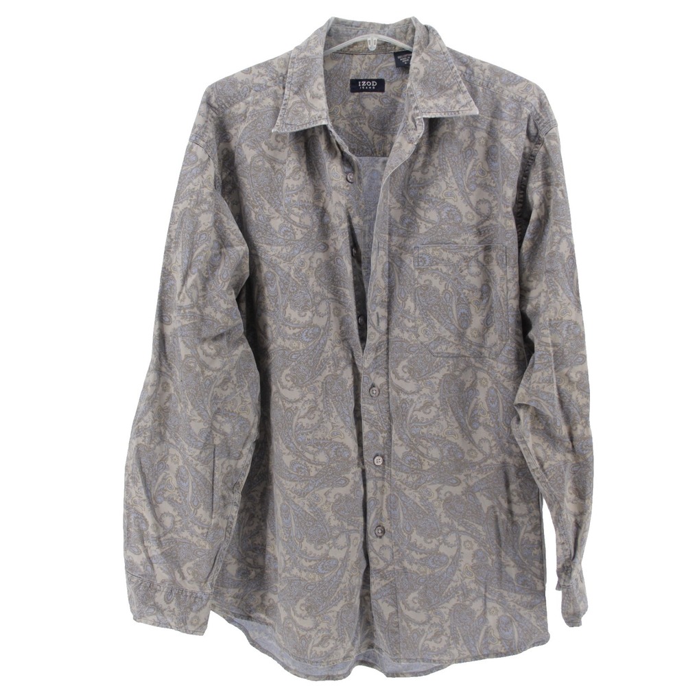 Izod Jeans Men's Gray Paisley Pattern Long Sleeve Button Up Shirt Size L